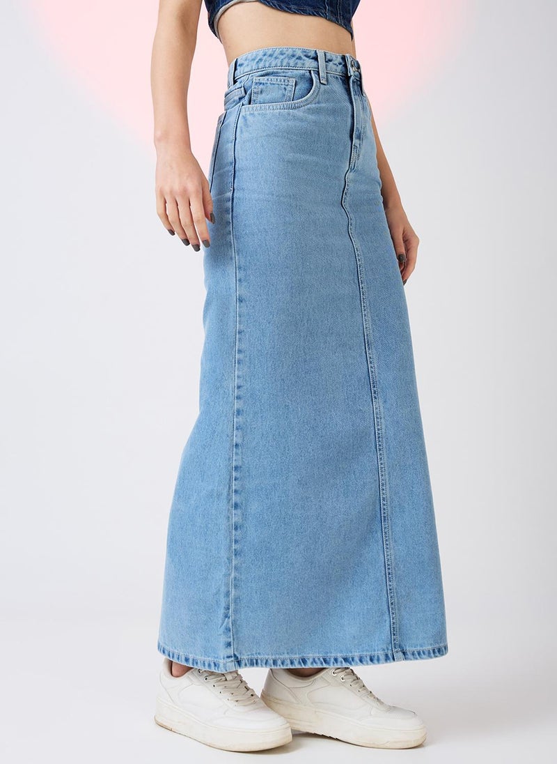 Globus Women Stretchable Mid Rise Back Slit Maxi Denim Pencil Skirt - Image 4